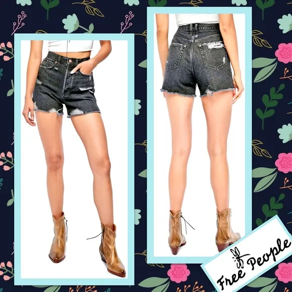 Free People Makai Cut Off Denim Shorts in Rocky Beach (Black)