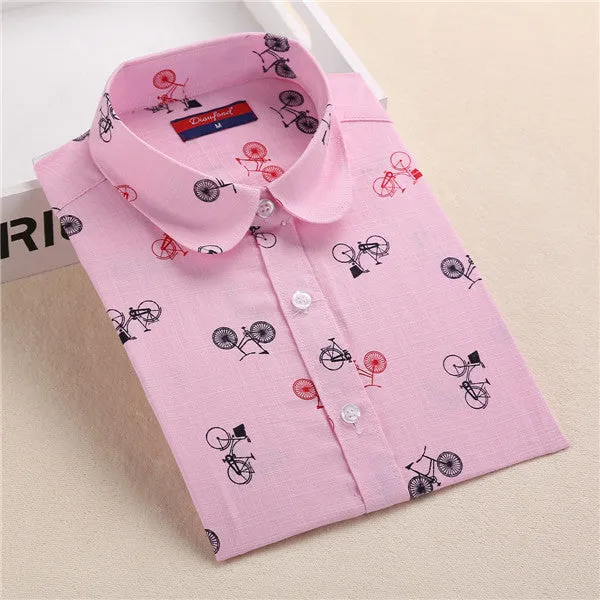 Funny Animal Print Shirts Women Cotton Linen Blouse Vintage Long Sleeve Women Shirts Plus Size