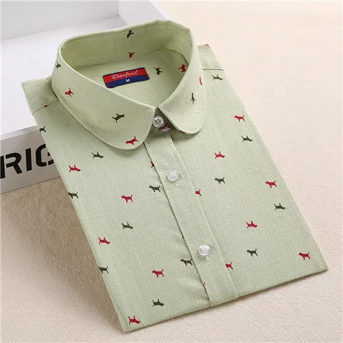 Funny Animal Print Shirts Women Cotton Linen Blouse Vintage Long Sleeve Women Shirts Plus Size