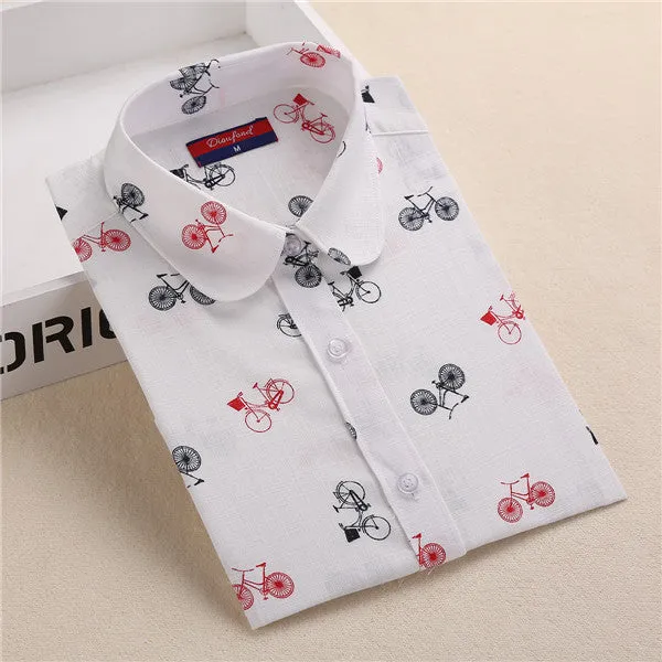 Funny Animal Print Shirts Women Cotton Linen Blouse Vintage Long Sleeve Women Shirts Plus Size