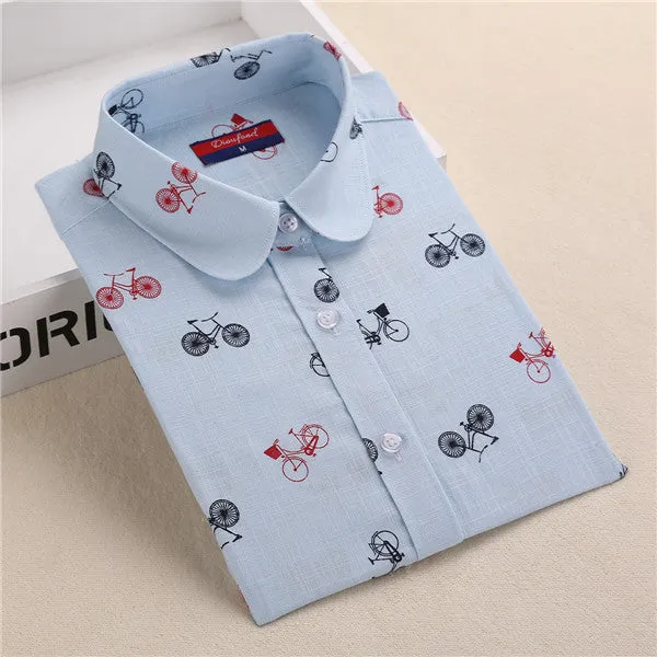 Funny Animal Print Shirts Women Cotton Linen Blouse Vintage Long Sleeve Women Shirts Plus Size