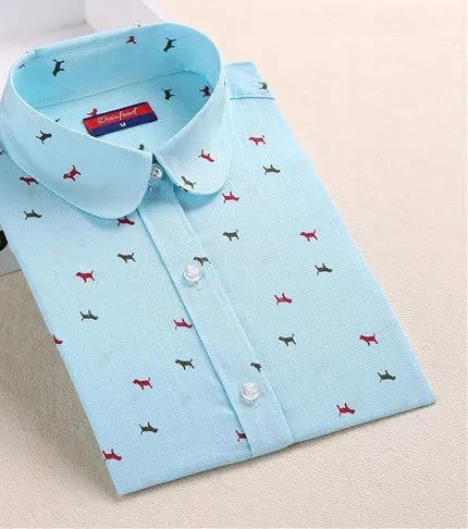 Funny Animal Print Shirts Women Cotton Linen Blouse Vintage Long Sleeve Women Shirts Plus Size