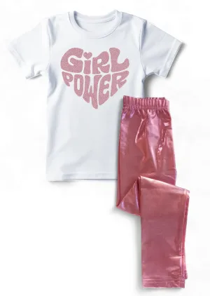 Girl Power Pink Glitter Tee & Lame Leggings Set