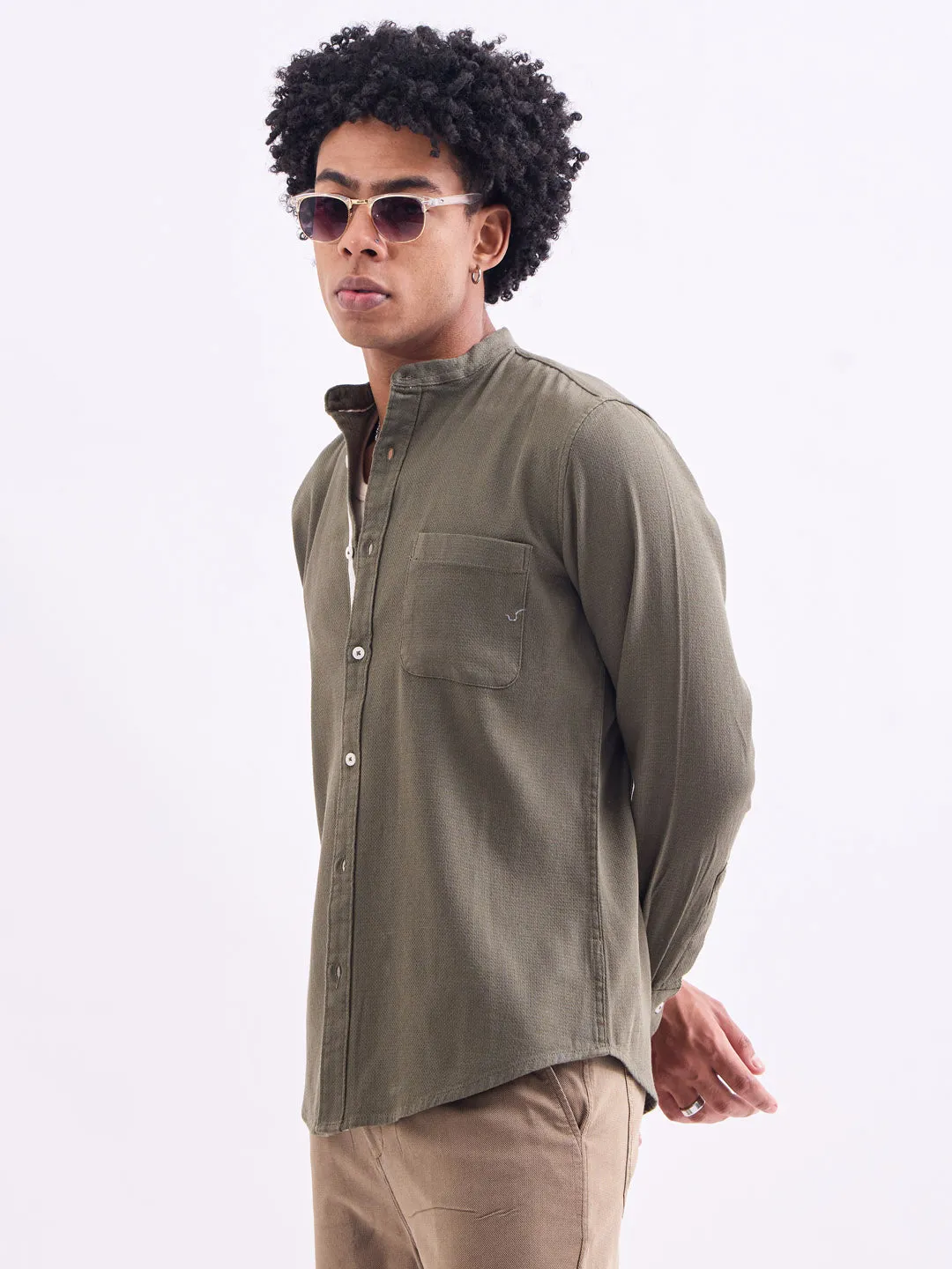 Green Chinese Collar Slim Fit Shirt