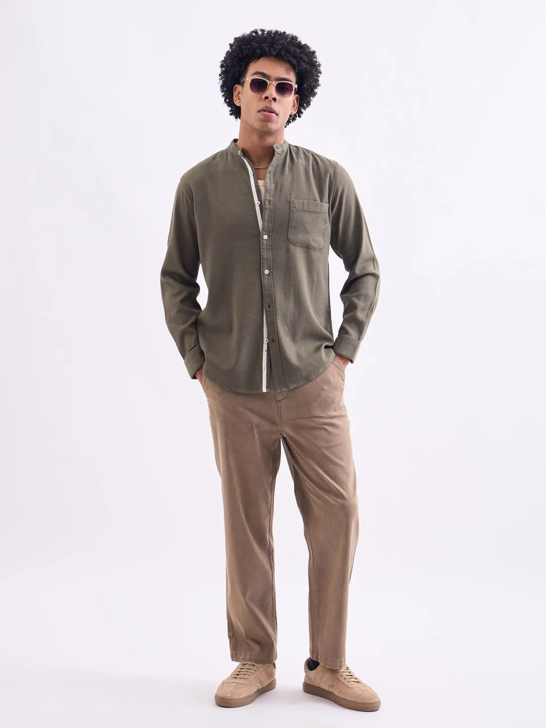 Green Chinese Collar Slim Fit Shirt