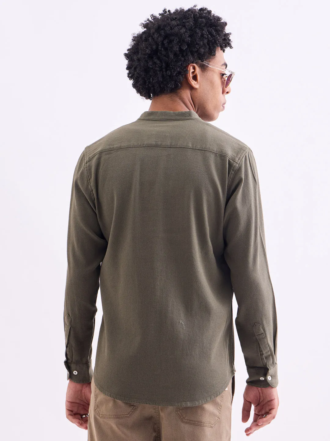 Green Chinese Collar Slim Fit Shirt
