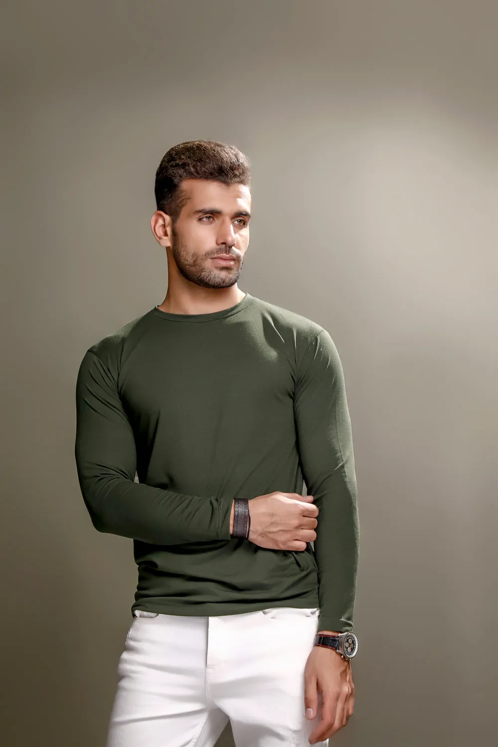 Green Full Sleeves Crew Neck