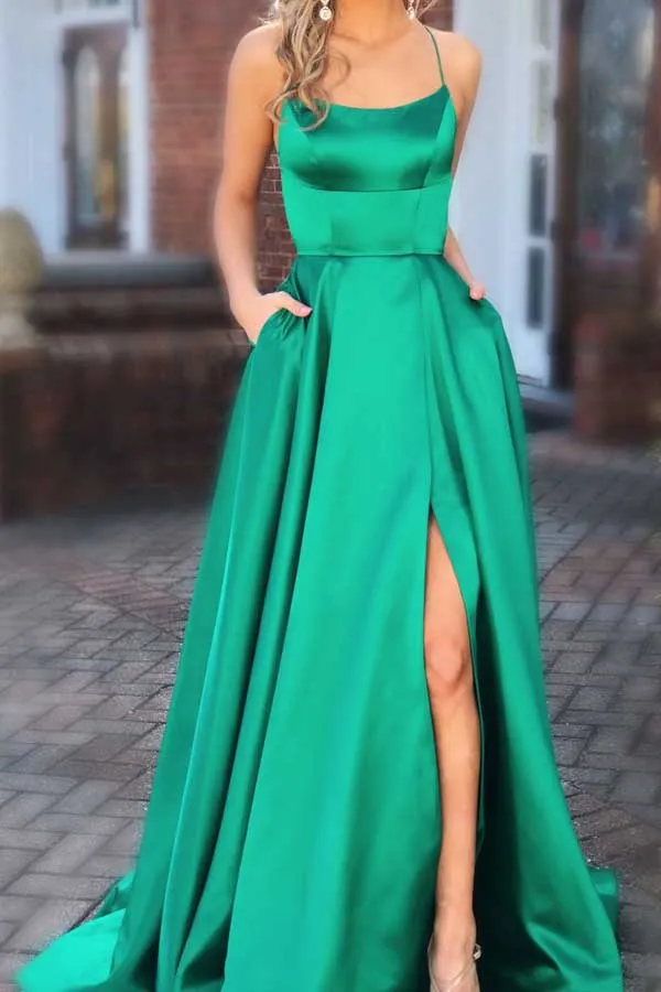 Green Long Prom Dresses with Pocket Long Backless Slit Formal Ball Gowns Evening Dress, M266