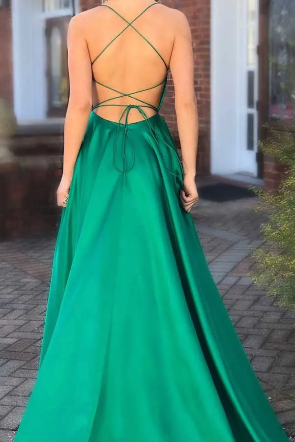 Green Long Prom Dresses with Pocket Long Backless Slit Formal Ball Gowns Evening Dress, M266