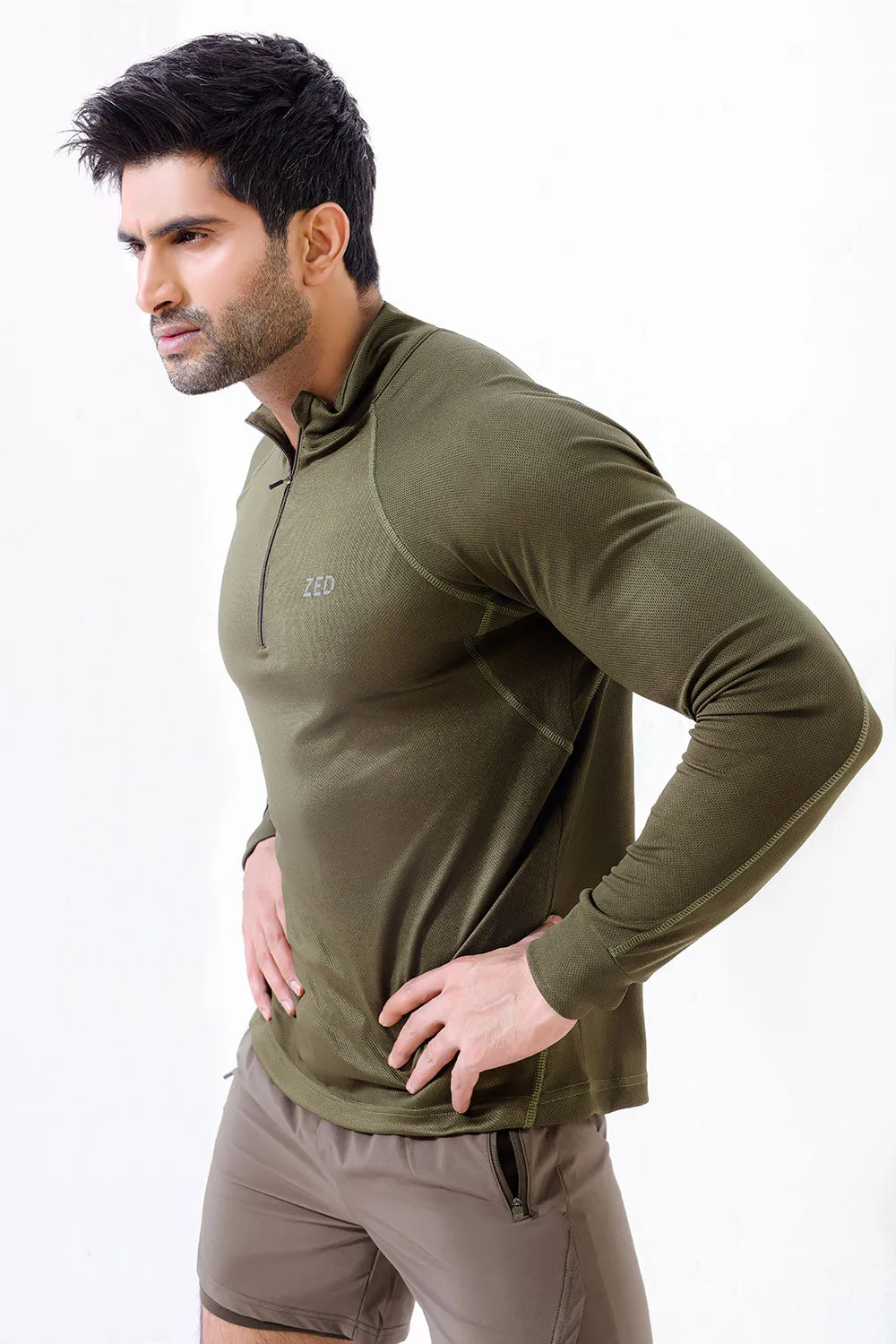 Green Muscle Fit Long Sleeve Running T-shirt With 1/4 Zip