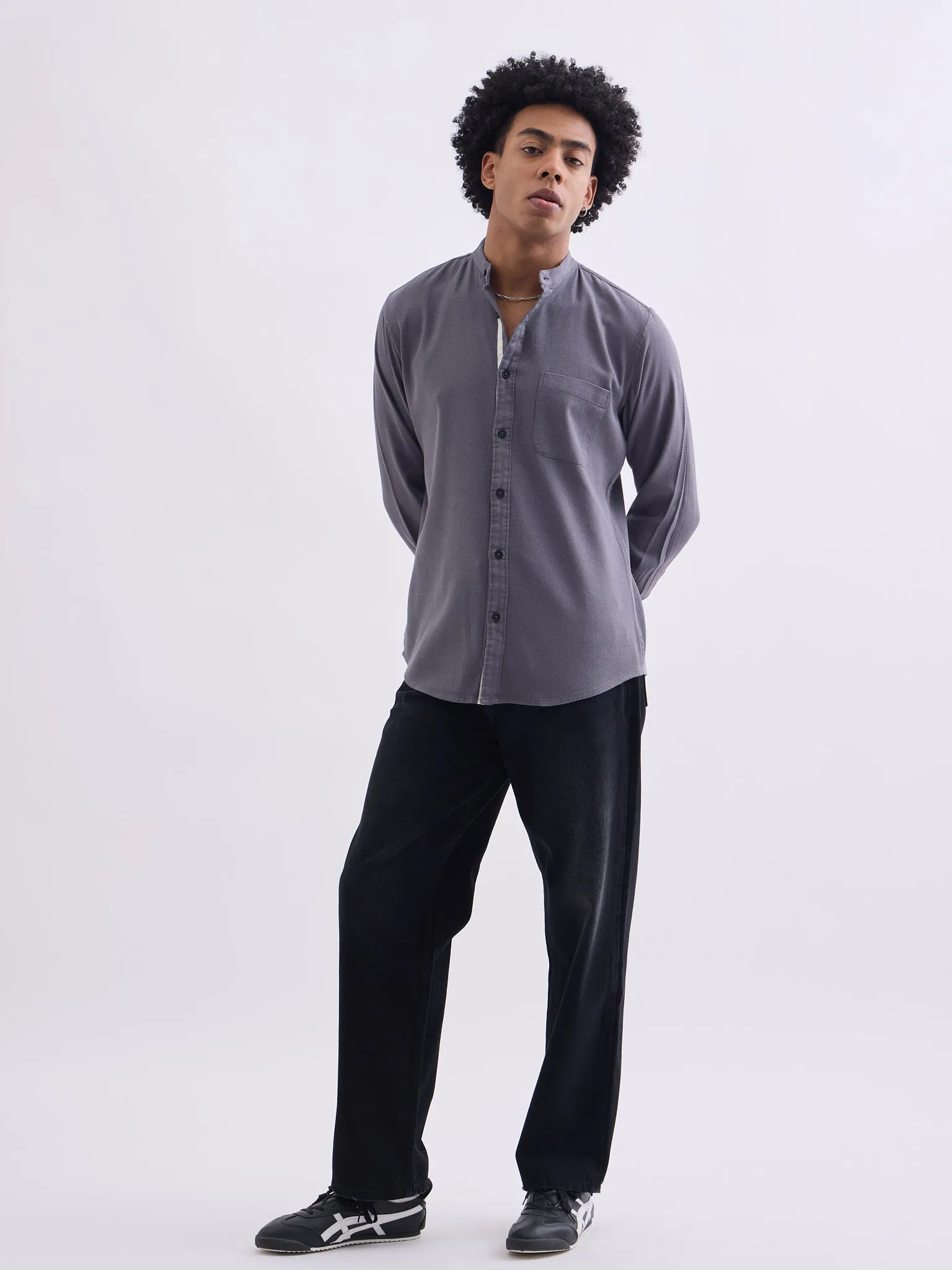 Grey Chinese Collar Slim Fit Shirt