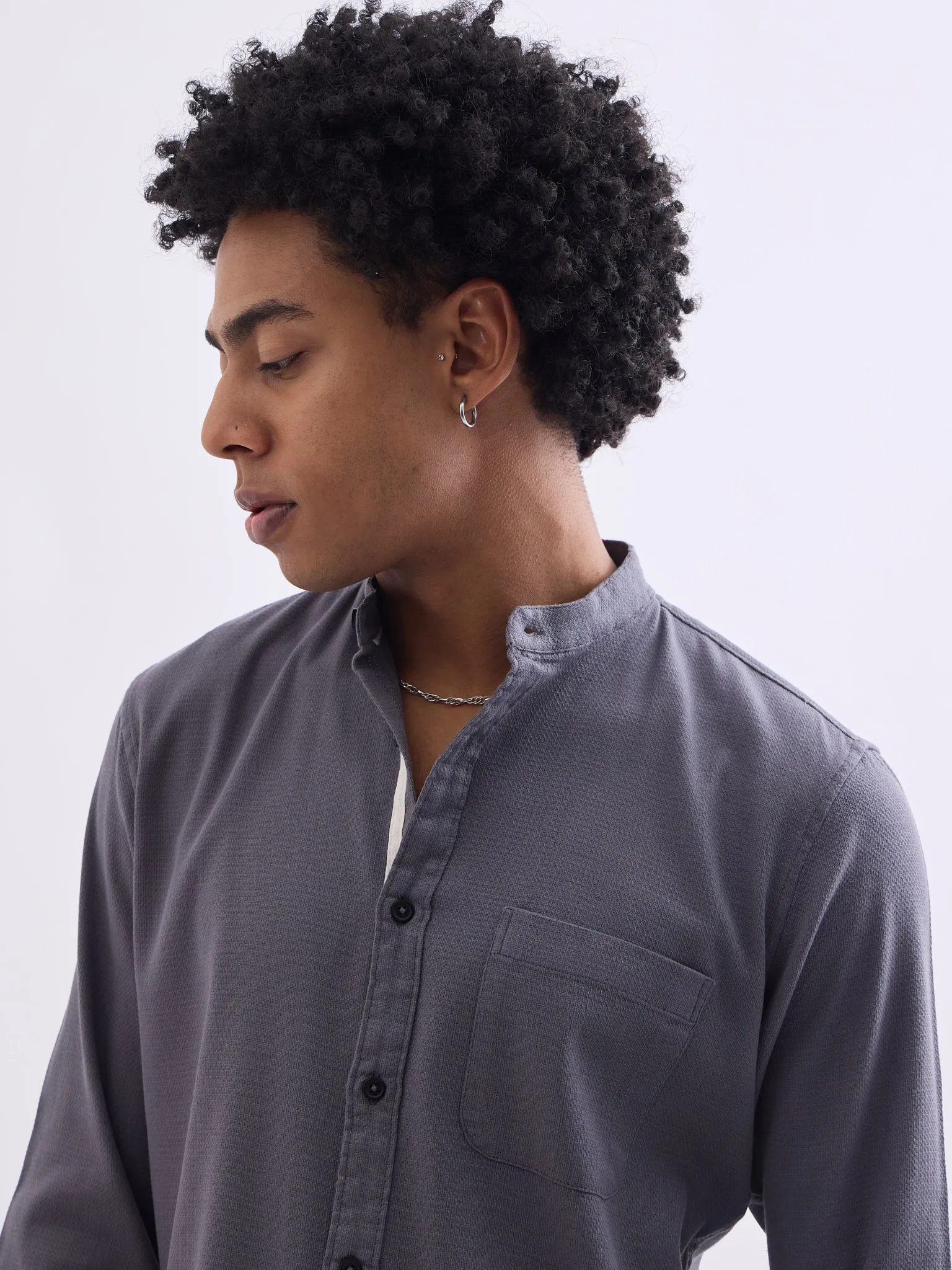 Grey Chinese Collar Slim Fit Shirt