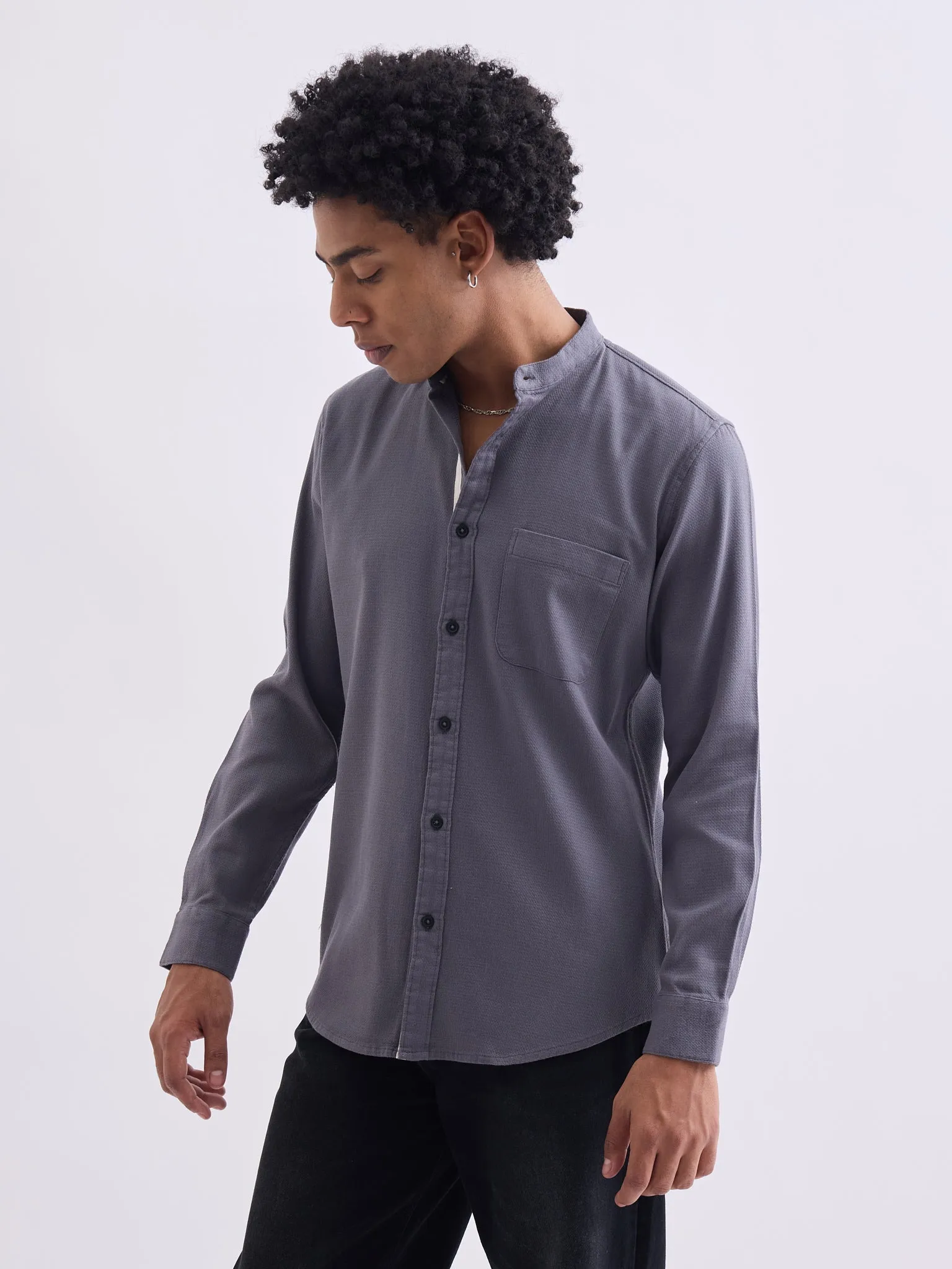 Grey Chinese Collar Slim Fit Shirt