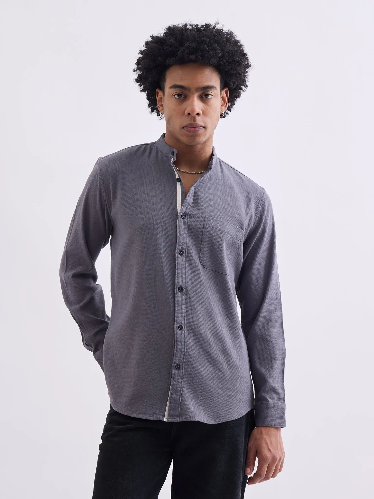 Grey Chinese Collar Slim Fit Shirt