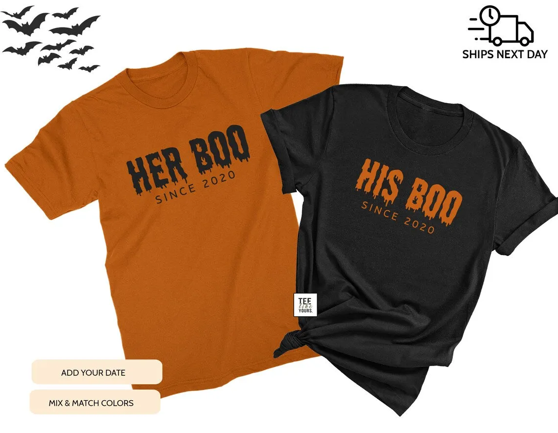 Her Boo & His Boo, Couple Halloween t-shirts, Halloween Couples Costumes, Trick or Treat Shirts, Halloween Couple Outfit, Fall couple shirts