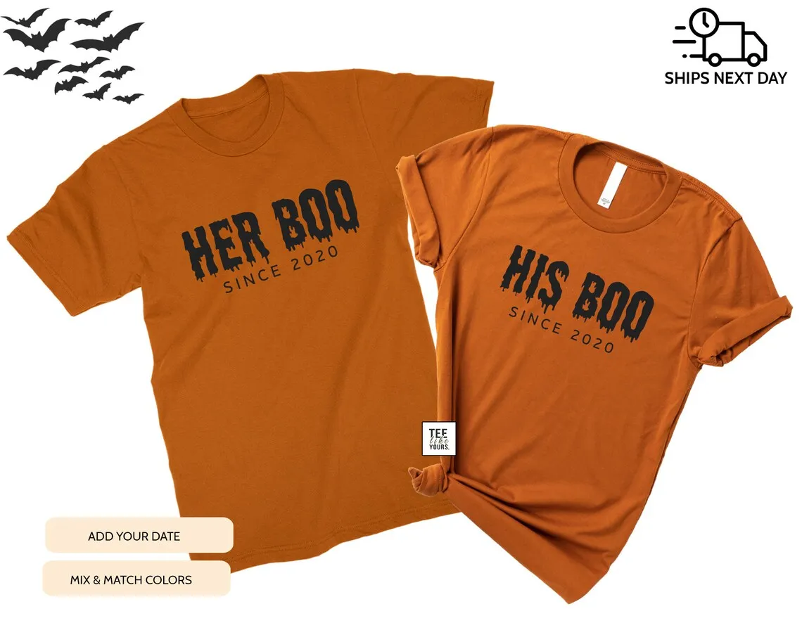 Her Boo & His Boo, Couple Halloween t-shirts, Halloween Couples Costumes, Trick or Treat Shirts, Halloween Couple Outfit, Fall couple shirts