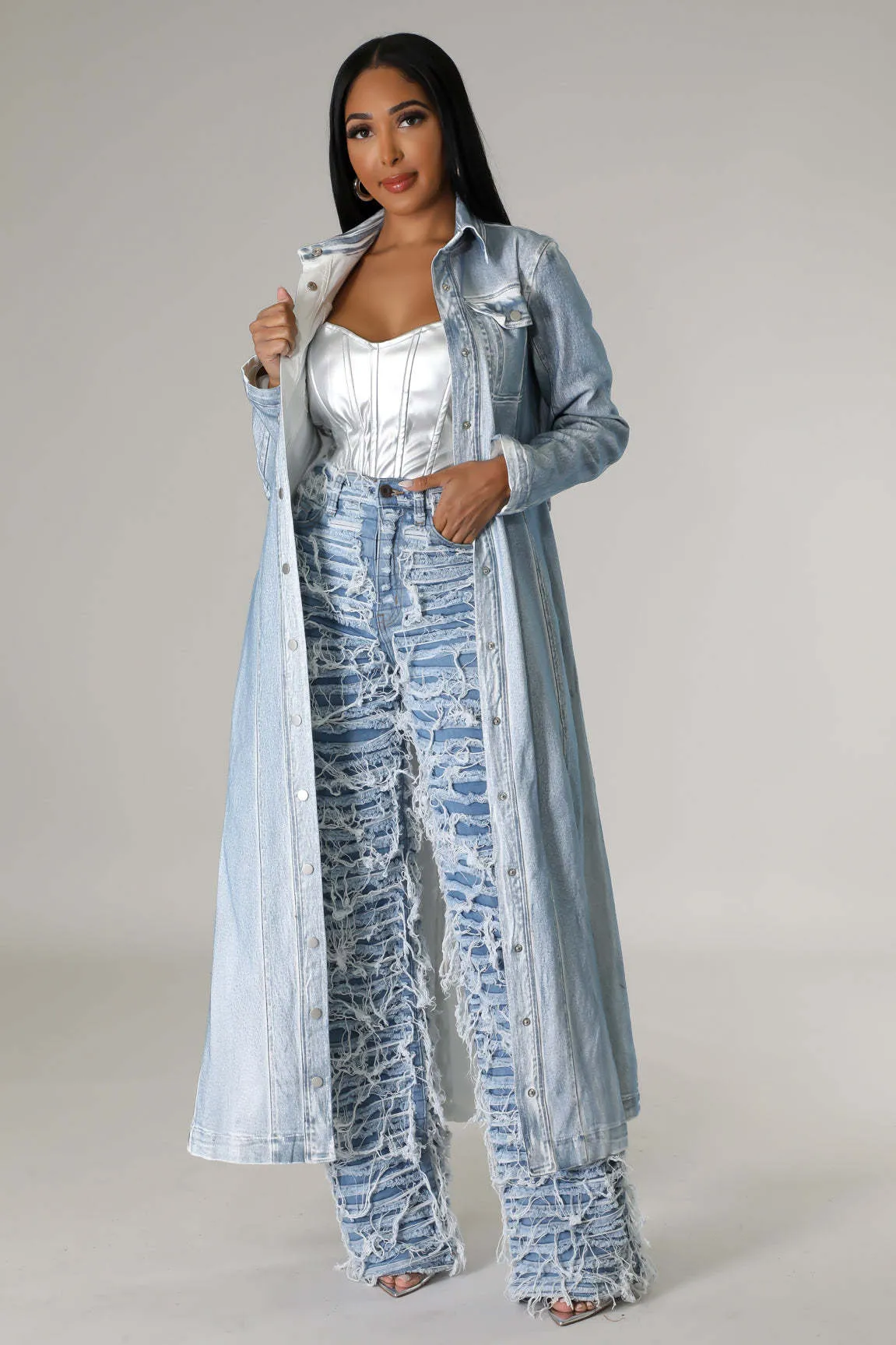 High-Waisted Ripped Tassel Fringe Wide-Leg Denim Pants