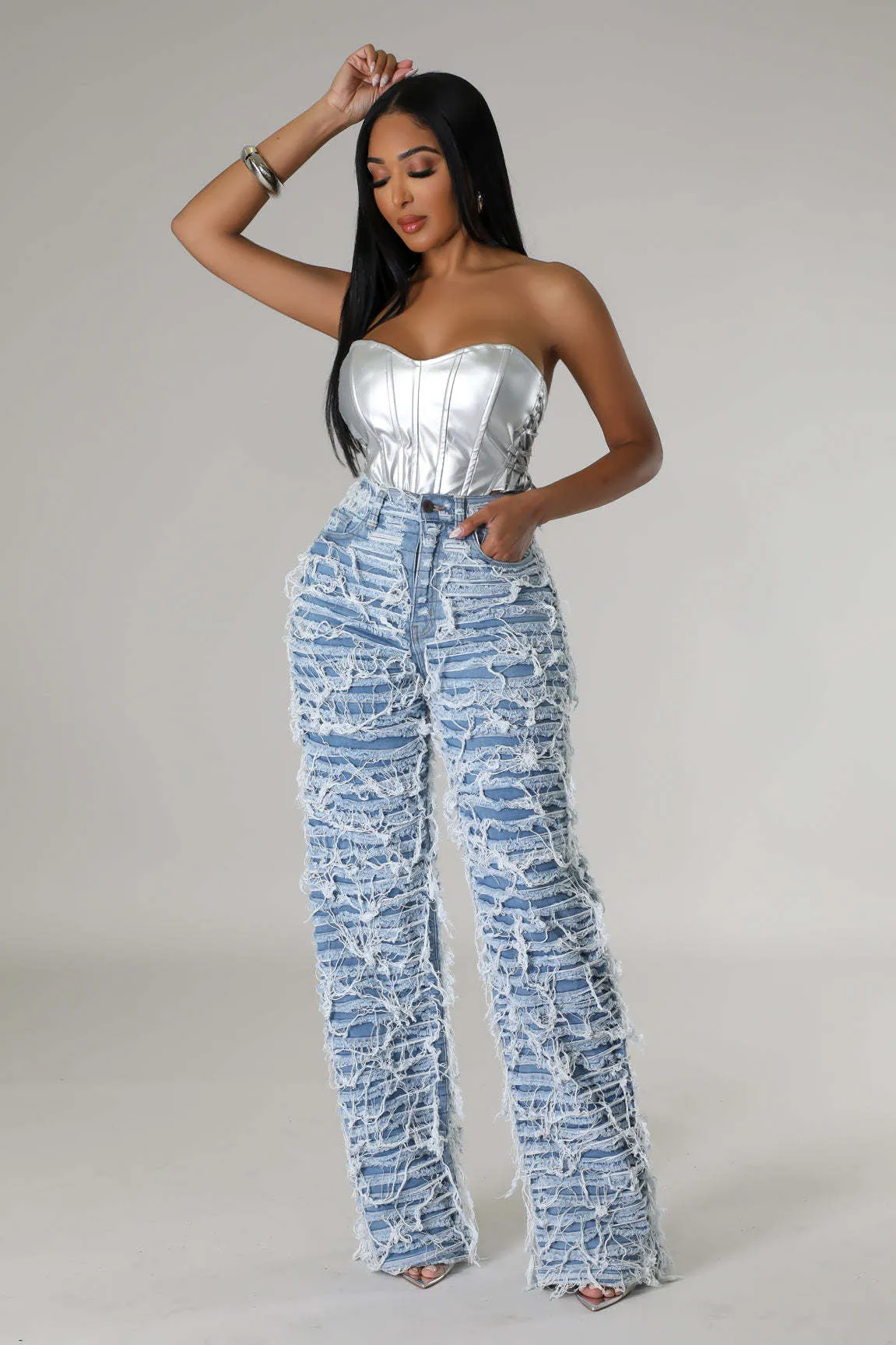 High-Waisted Ripped Tassel Fringe Wide-Leg Denim Pants