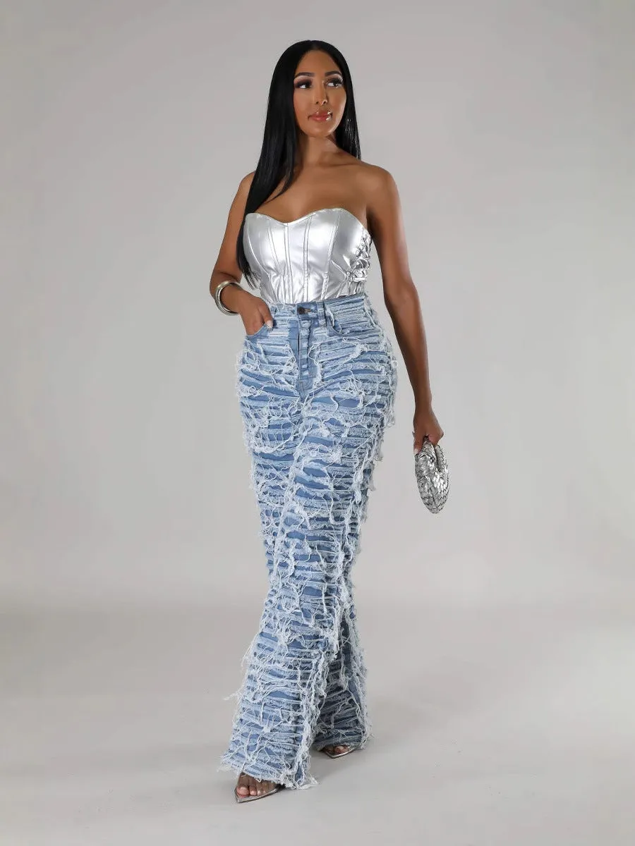 High-Waisted Ripped Tassel Fringe Wide-Leg Denim Pants
