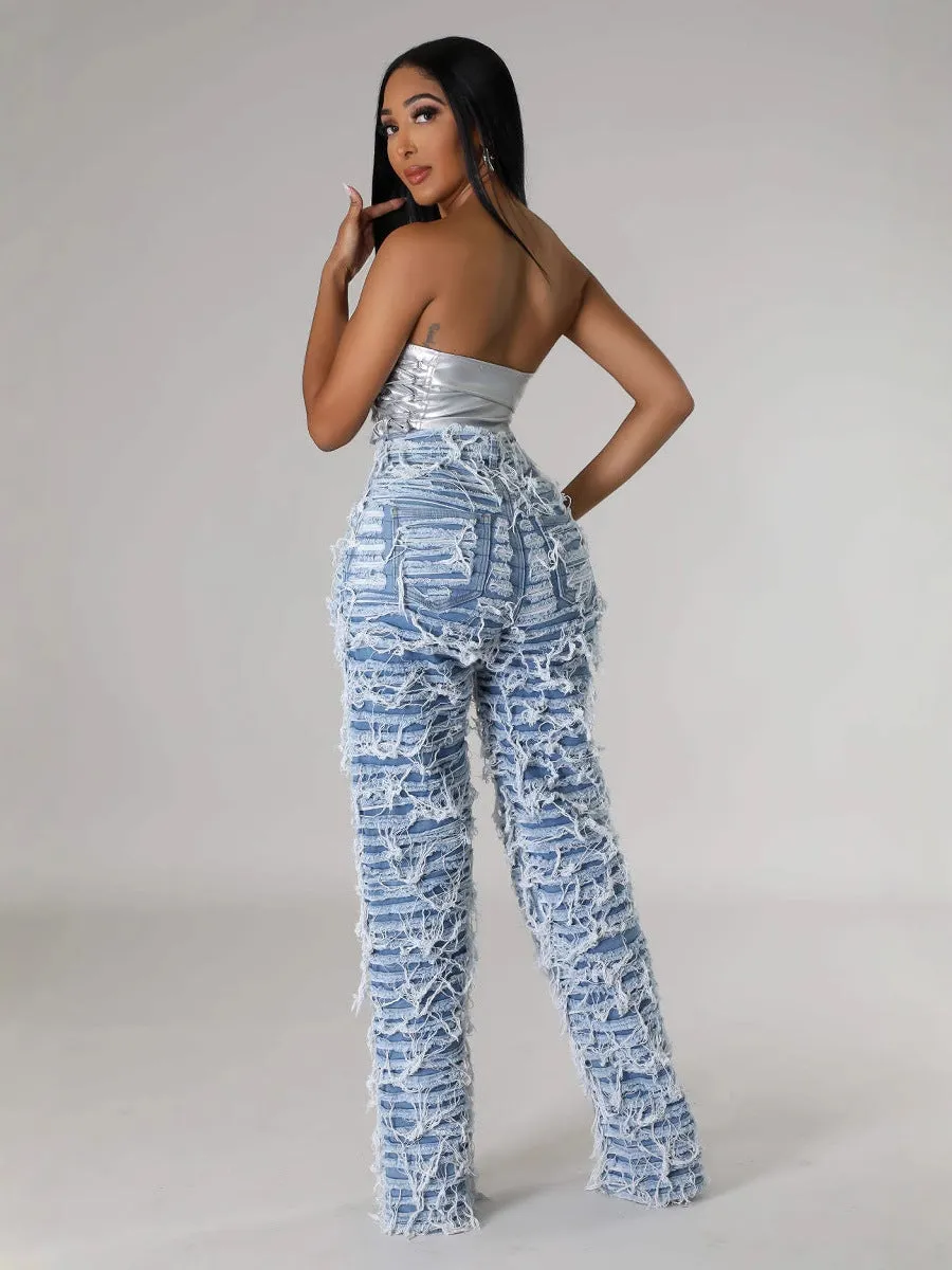 High-Waisted Ripped Tassel Fringe Wide-Leg Denim Pants