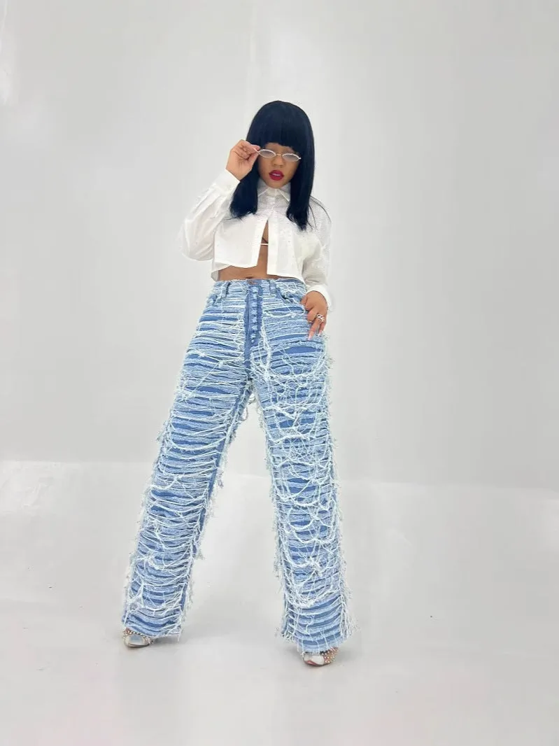 High-Waisted Ripped Tassel Fringe Wide-Leg Denim Pants