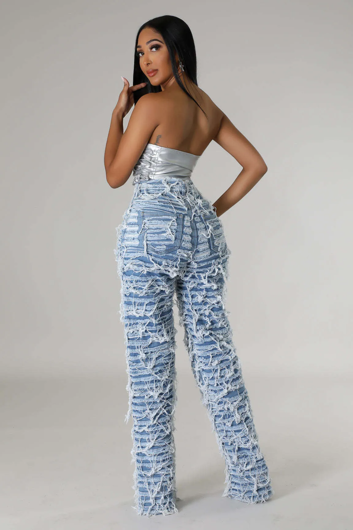High-Waisted Ripped Tassel Fringe Wide-Leg Denim Pants