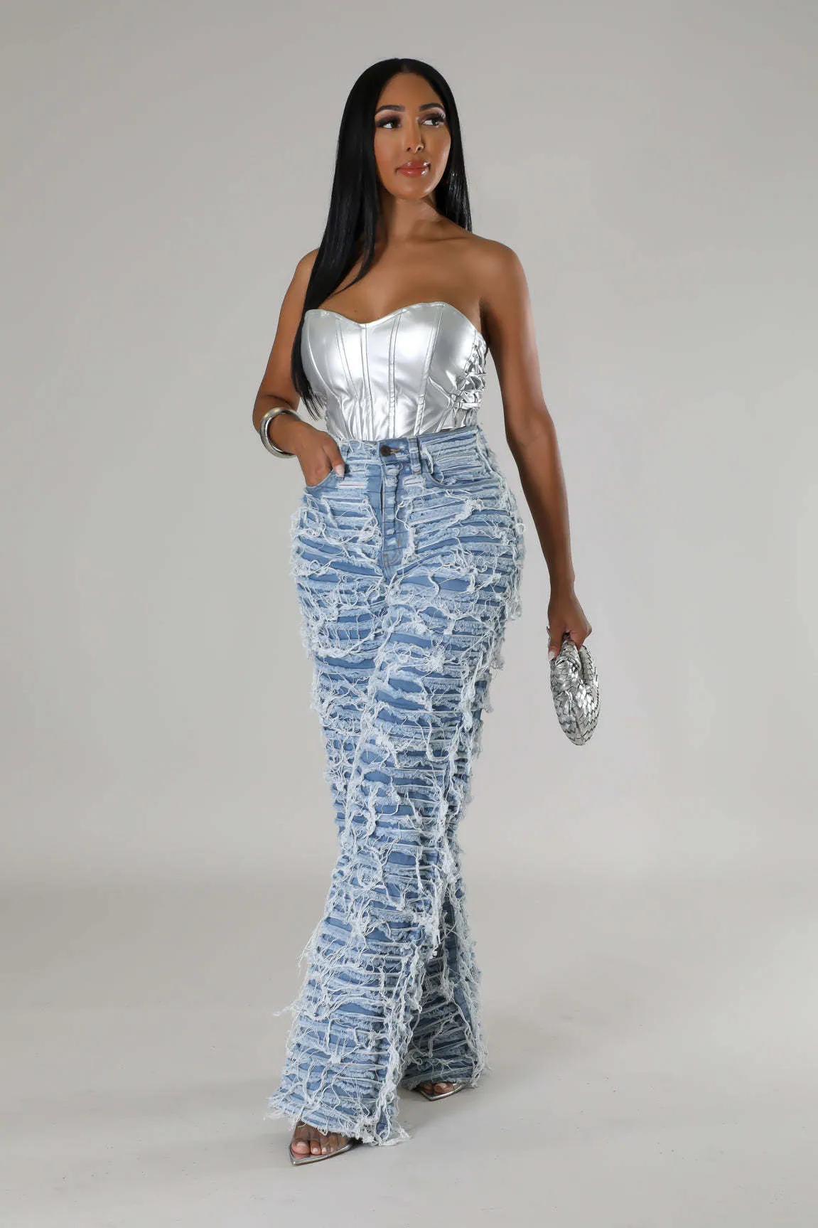 High-Waisted Ripped Tassel Fringe Wide-Leg Denim Pants