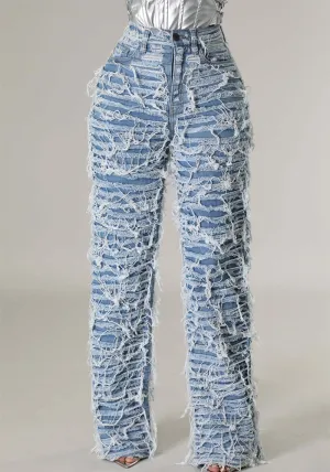 High-Waisted Ripped Tassel Fringe Wide-Leg Denim Pants
