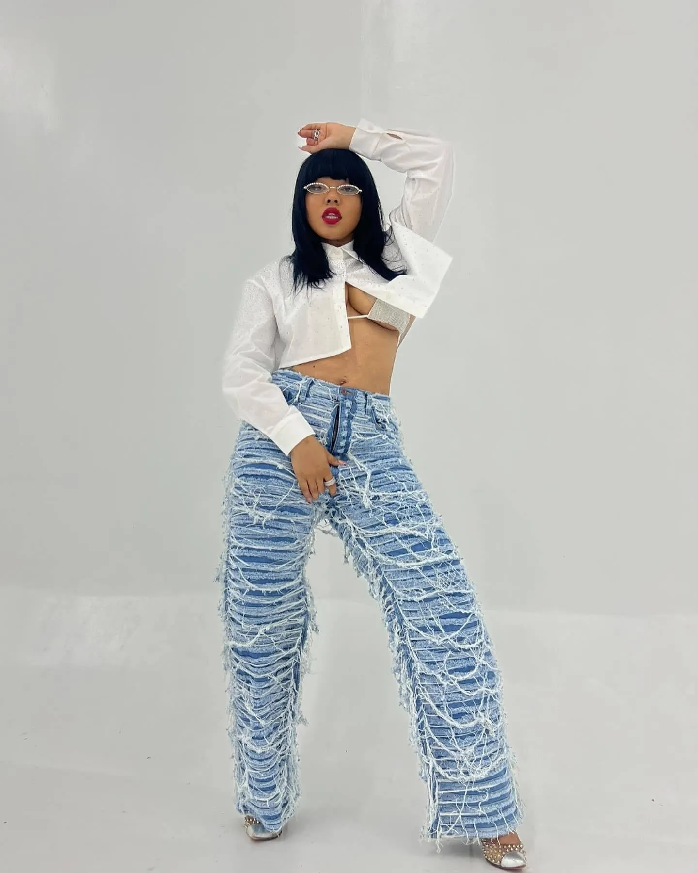 High-Waisted Ripped Tassel Fringe Wide-Leg Denim Pants