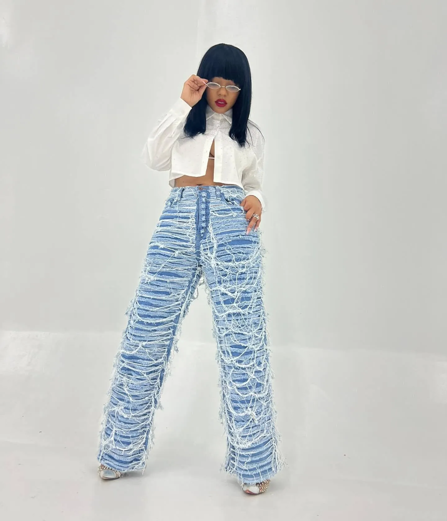 High-Waisted Ripped Tassel Fringe Wide-Leg Denim Pants