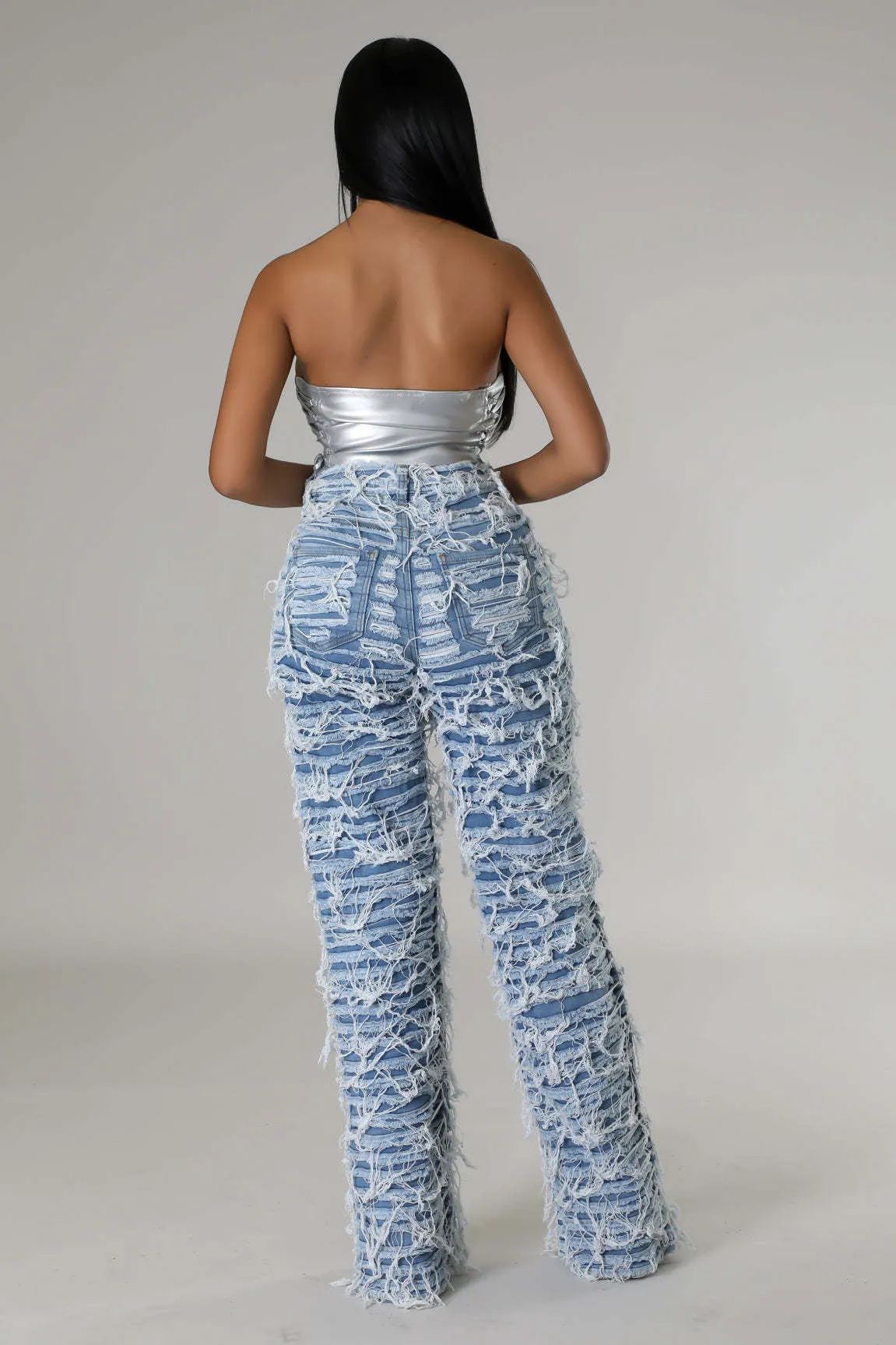 High-Waisted Ripped Tassel Fringe Wide-Leg Denim Pants