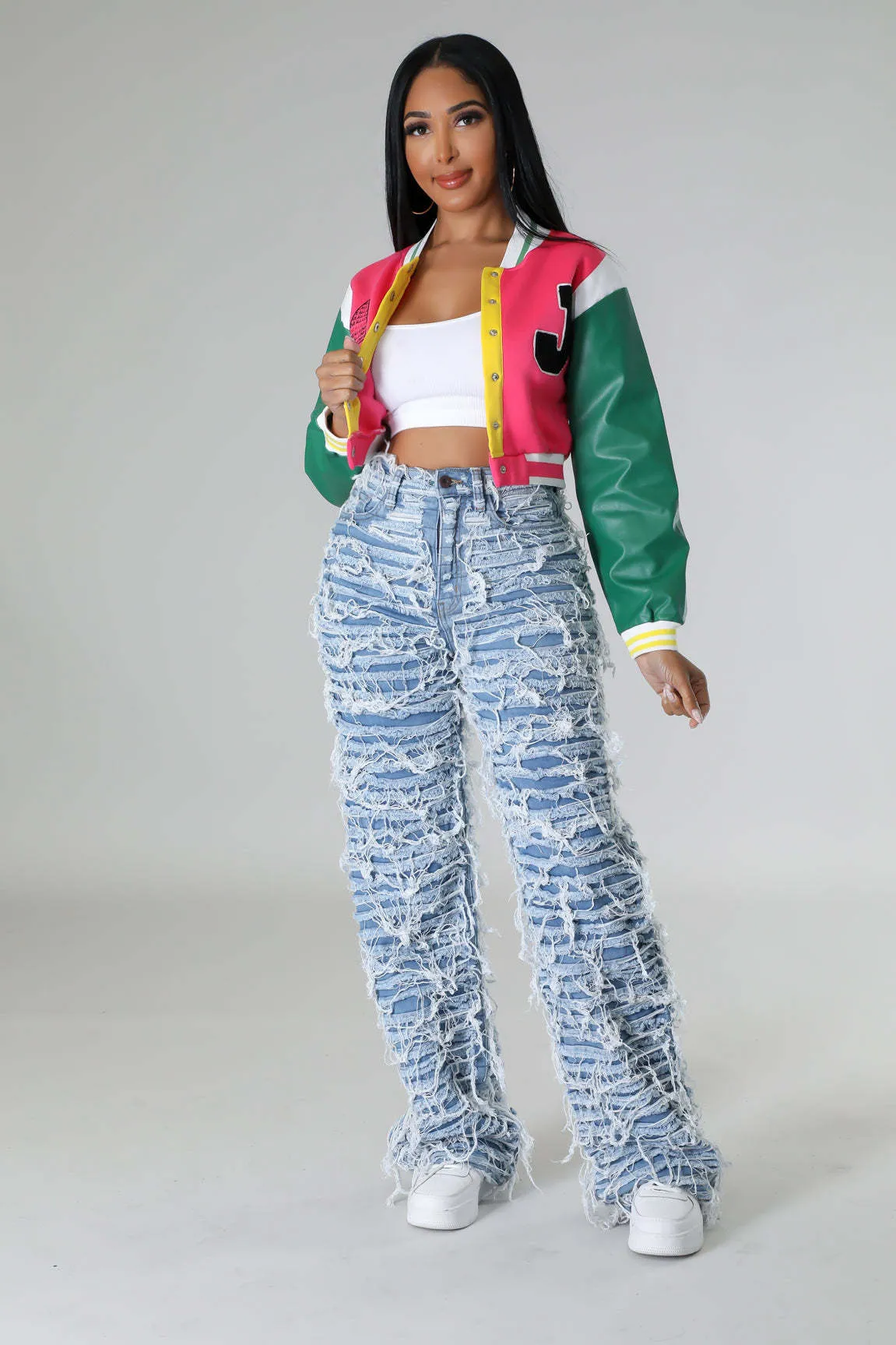 High-Waisted Ripped Tassel Fringe Wide-Leg Denim Pants