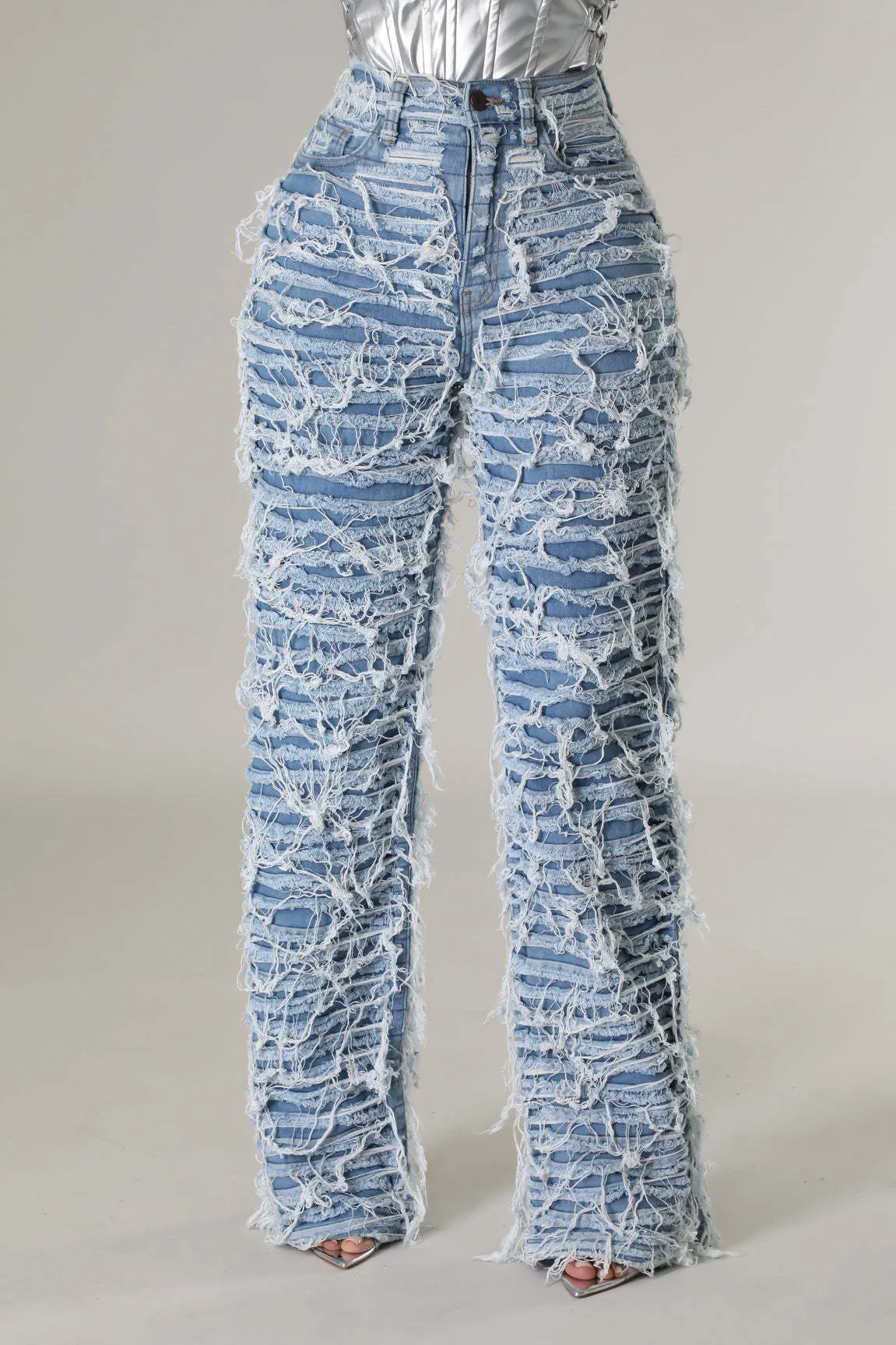 High-Waisted Ripped Tassel Fringe Wide-Leg Denim Pants