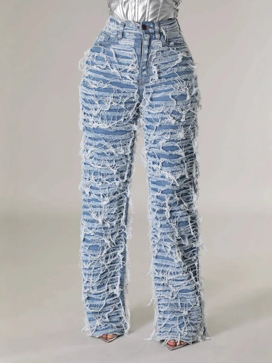 High-Waisted Ripped Tassel Fringe Wide-Leg Denim Pants