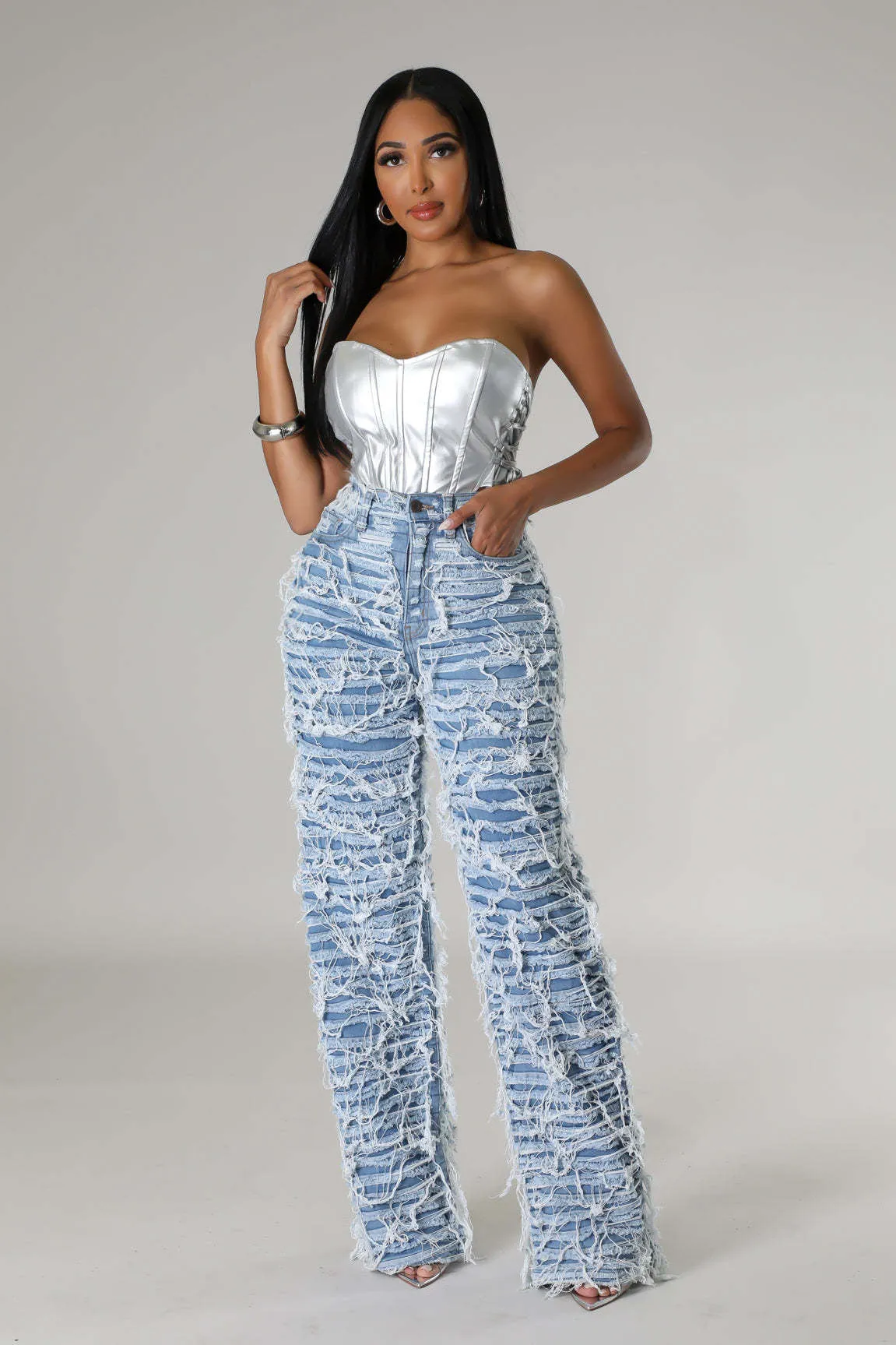 High-Waisted Ripped Tassel Fringe Wide-Leg Denim Pants