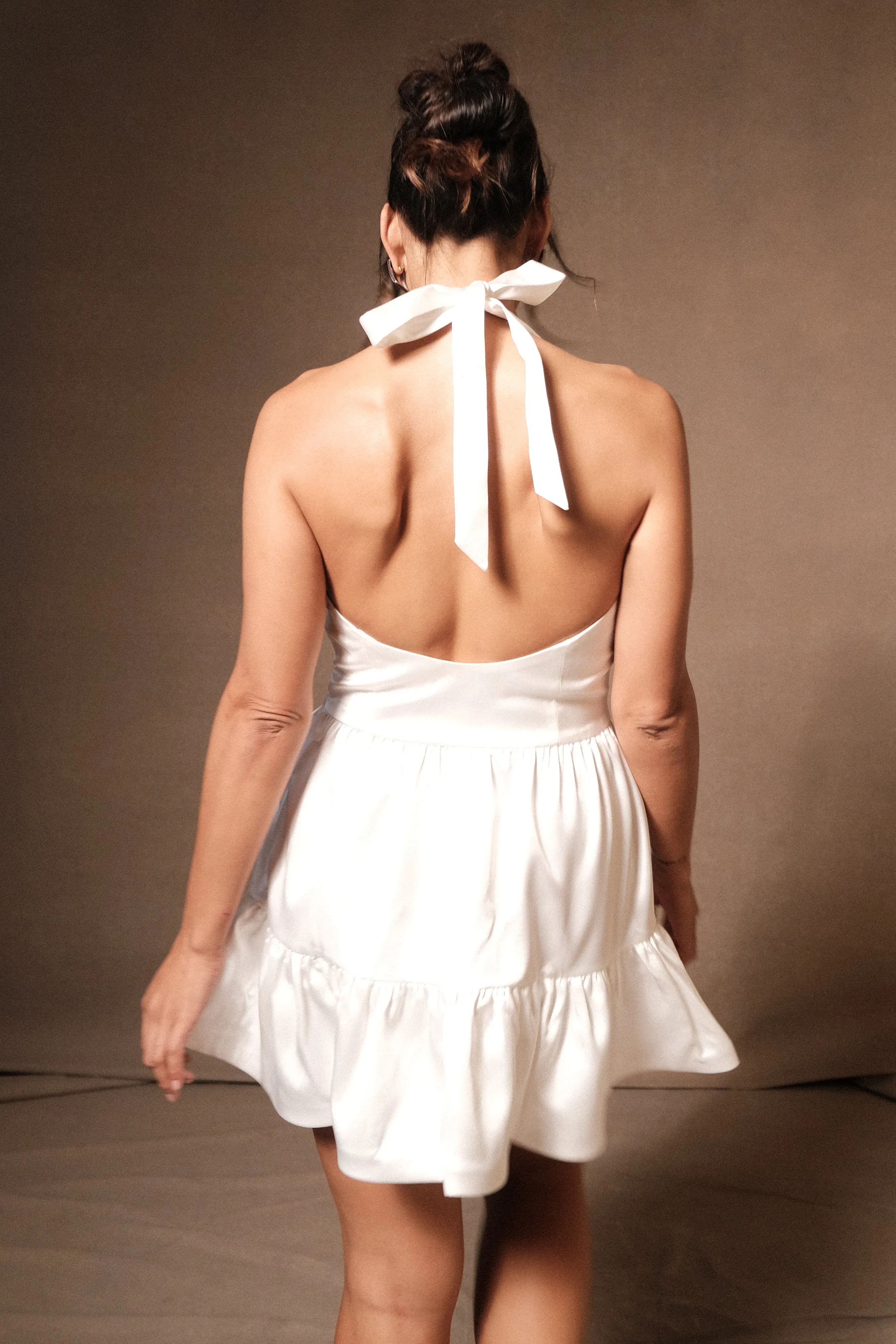 Holly Satin Structured Halter Mini Dress - White