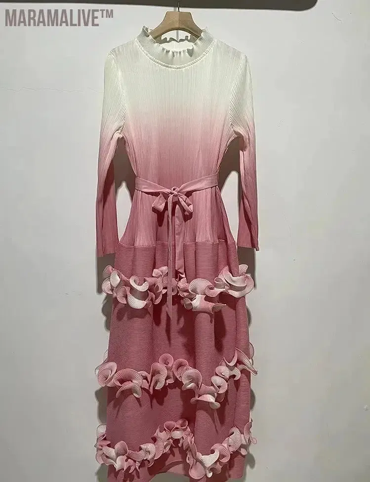IF Belt Pleated Women Cake Dress Fashion Round Neck Gradient Elegant Dress Women 2024 New Maxi  Vestidos