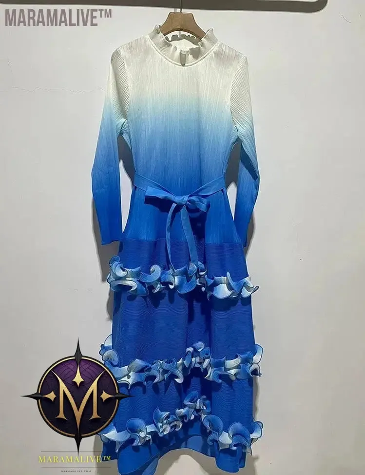IF Belt Pleated Women Cake Dress Fashion Round Neck Gradient Elegant Dress Women 2024 New Maxi  Vestidos