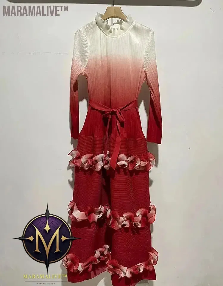 IF Belt Pleated Women Cake Dress Fashion Round Neck Gradient Elegant Dress Women 2024 New Maxi  Vestidos