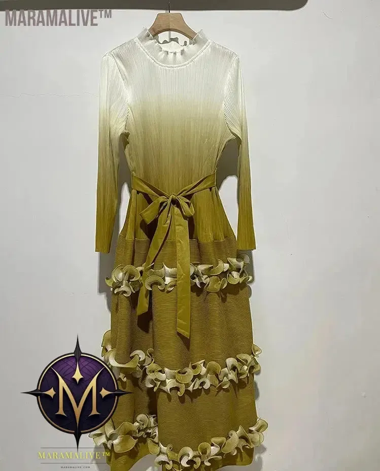IF Belt Pleated Women Cake Dress Fashion Round Neck Gradient Elegant Dress Women 2024 New Maxi  Vestidos