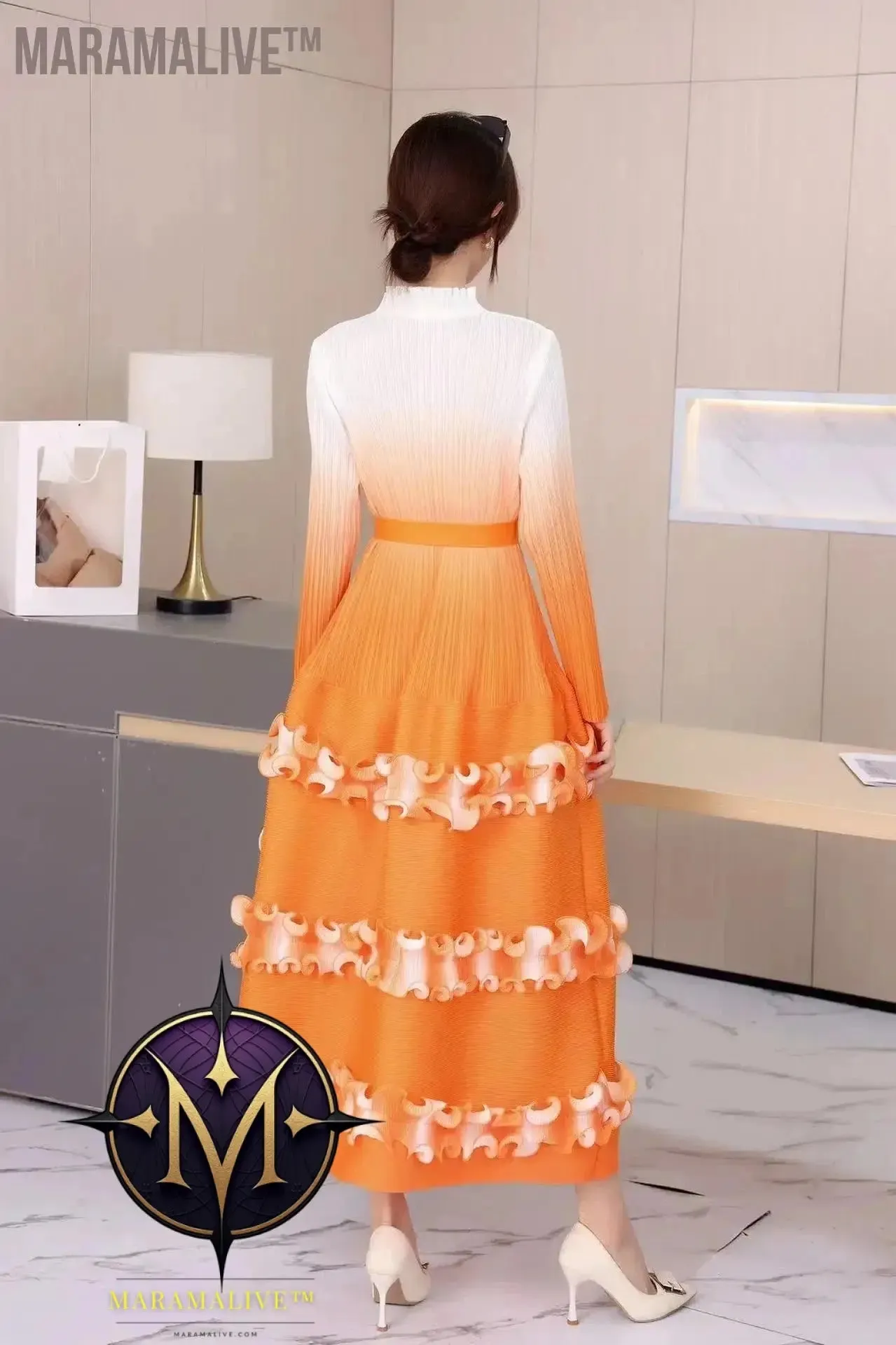 IF Belt Pleated Women Cake Dress Fashion Round Neck Gradient Elegant Dress Women 2024 New Maxi  Vestidos