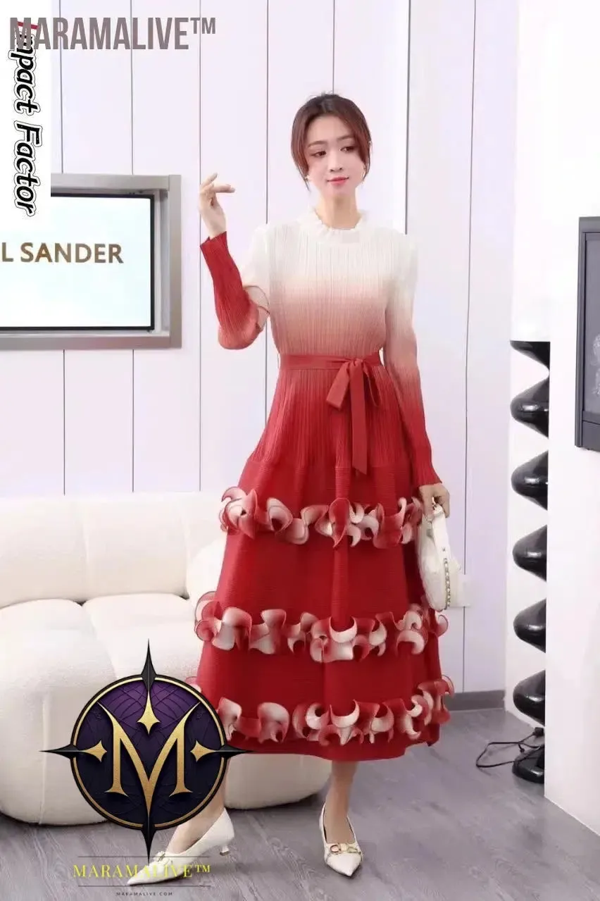 IF Belt Pleated Women Cake Dress Fashion Round Neck Gradient Elegant Dress Women 2024 New Maxi  Vestidos