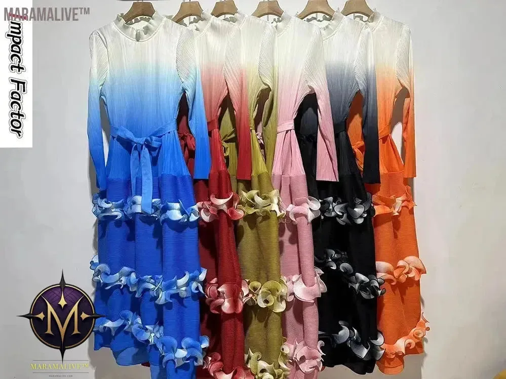 IF Belt Pleated Women Cake Dress Fashion Round Neck Gradient Elegant Dress Women 2024 New Maxi  Vestidos