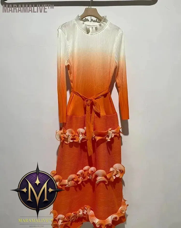 IF Belt Pleated Women Cake Dress Fashion Round Neck Gradient Elegant Dress Women 2024 New Maxi  Vestidos