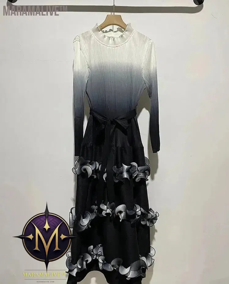 IF Belt Pleated Women Cake Dress Fashion Round Neck Gradient Elegant Dress Women 2024 New Maxi  Vestidos