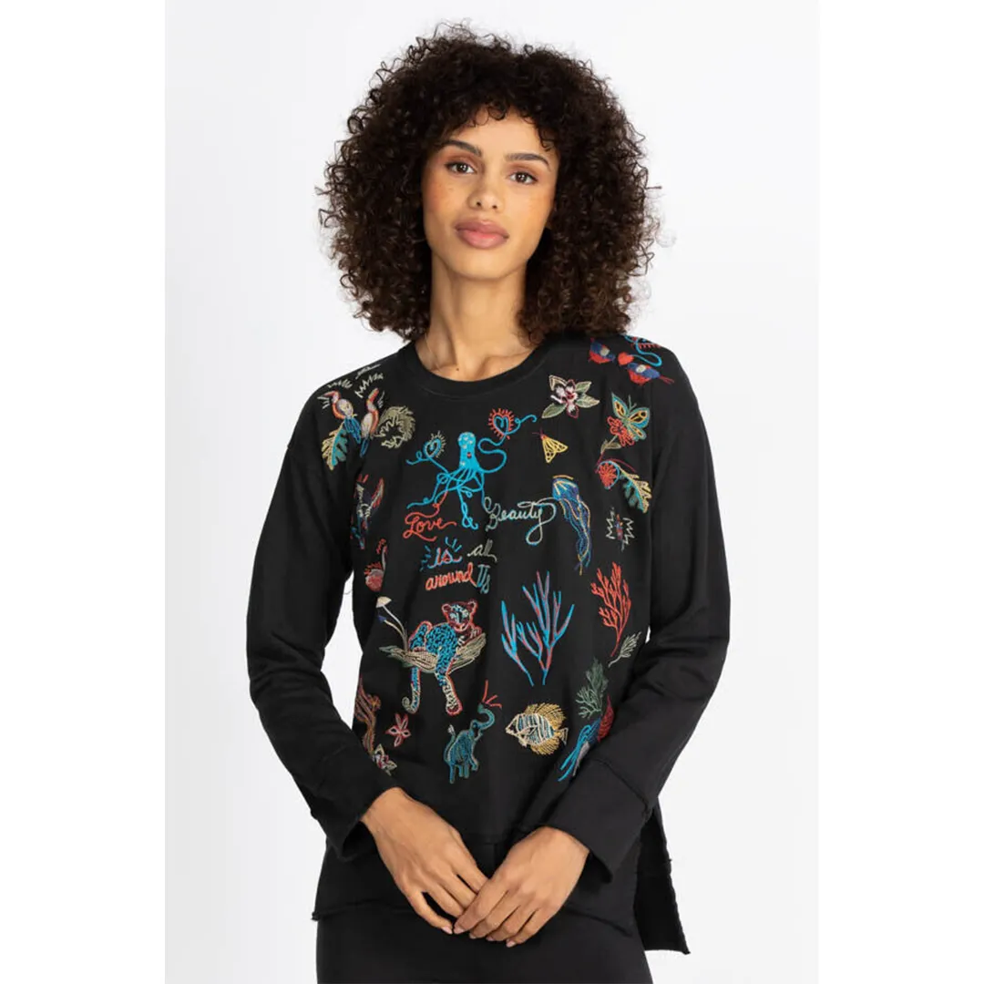 Johnny Was Zoe Black Relaxed Drape Top Shirt Blouse Animal Embroidery Floral New