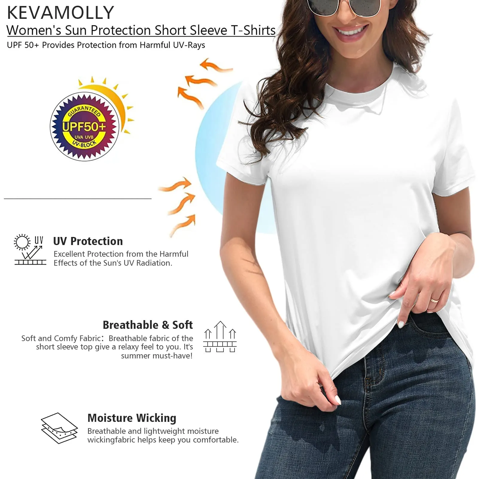 KevaMolly Basic White T Shirts for Women UPF 50  Short Sleeve Casual Solid Summer Tops Trendy Solid Loose Fit Tshirt