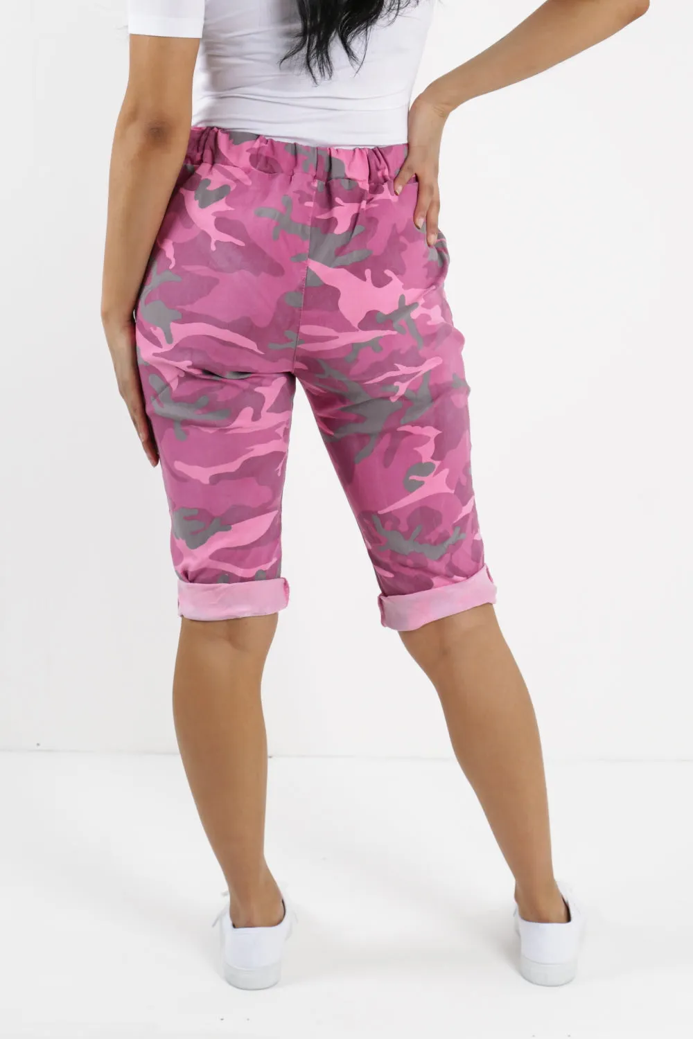 Ladies Italian Stretch Shorts Women's camouflage Plain Magic Comfy Lagenlook Hot Pants 8-22