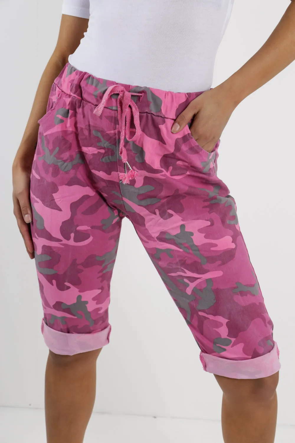 Ladies Italian Stretch Shorts Women's camouflage Plain Magic Comfy Lagenlook Hot Pants 8-22