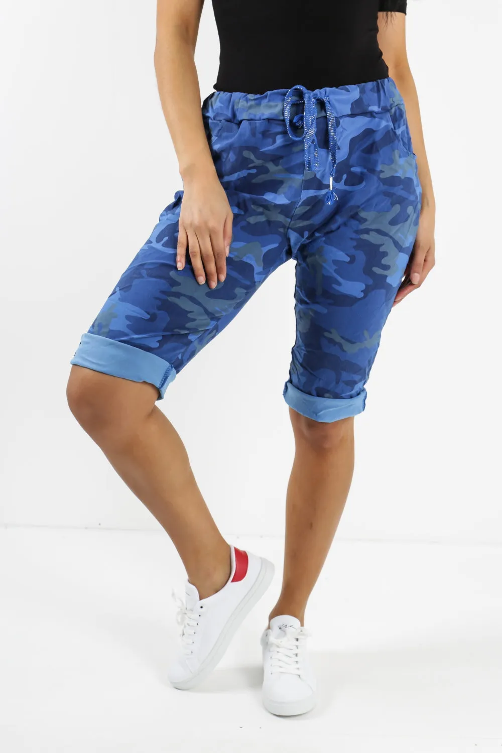 Ladies Italian Stretch Shorts Women's camouflage Plain Magic Comfy Lagenlook Hot Pants 8-22